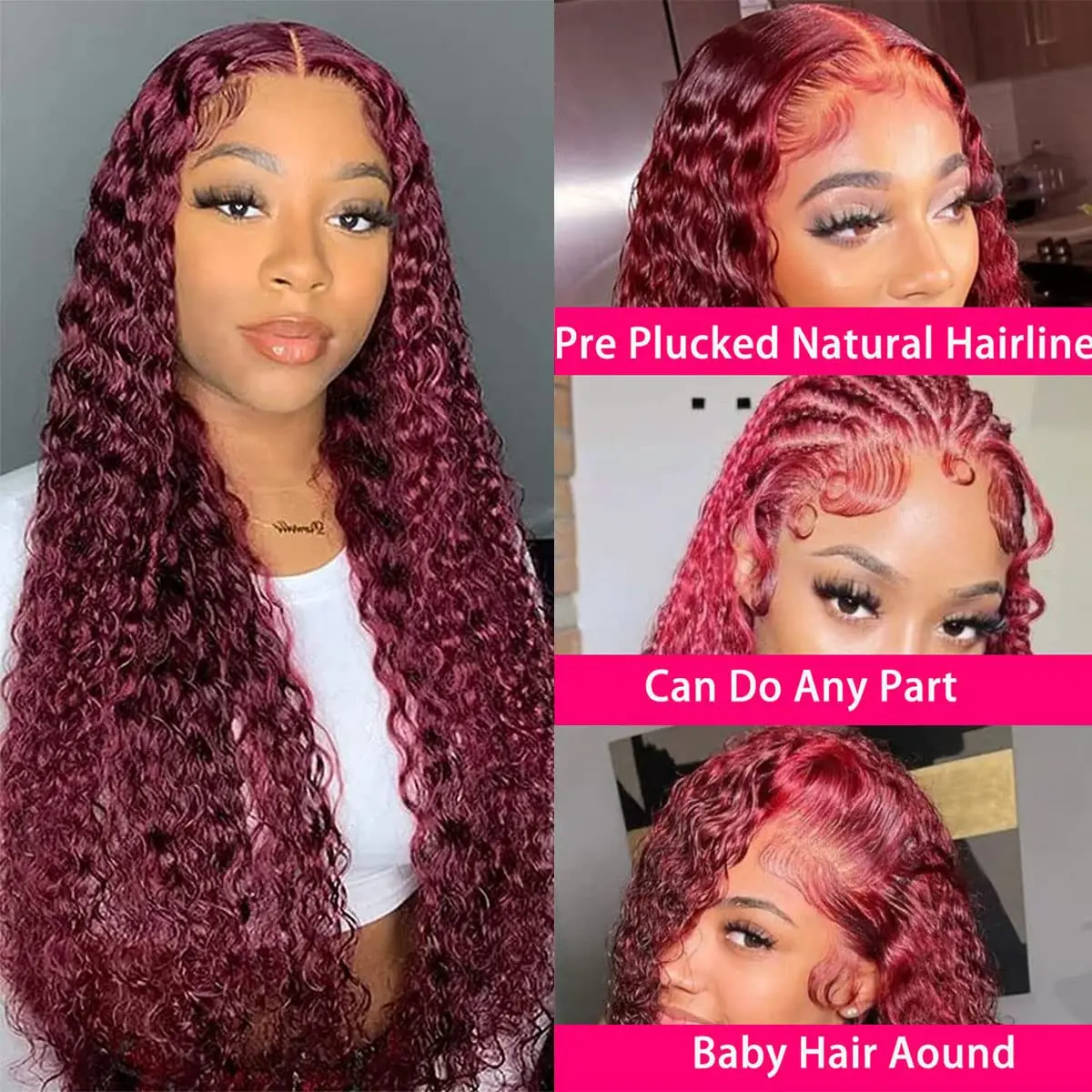 200 밀도 버건디 99j 컬리 13x4 HD 레이스 프론탈 가발 인모 30인치 브라질리언 워터 딥 웨이브 레드 컬러 여성용 가발