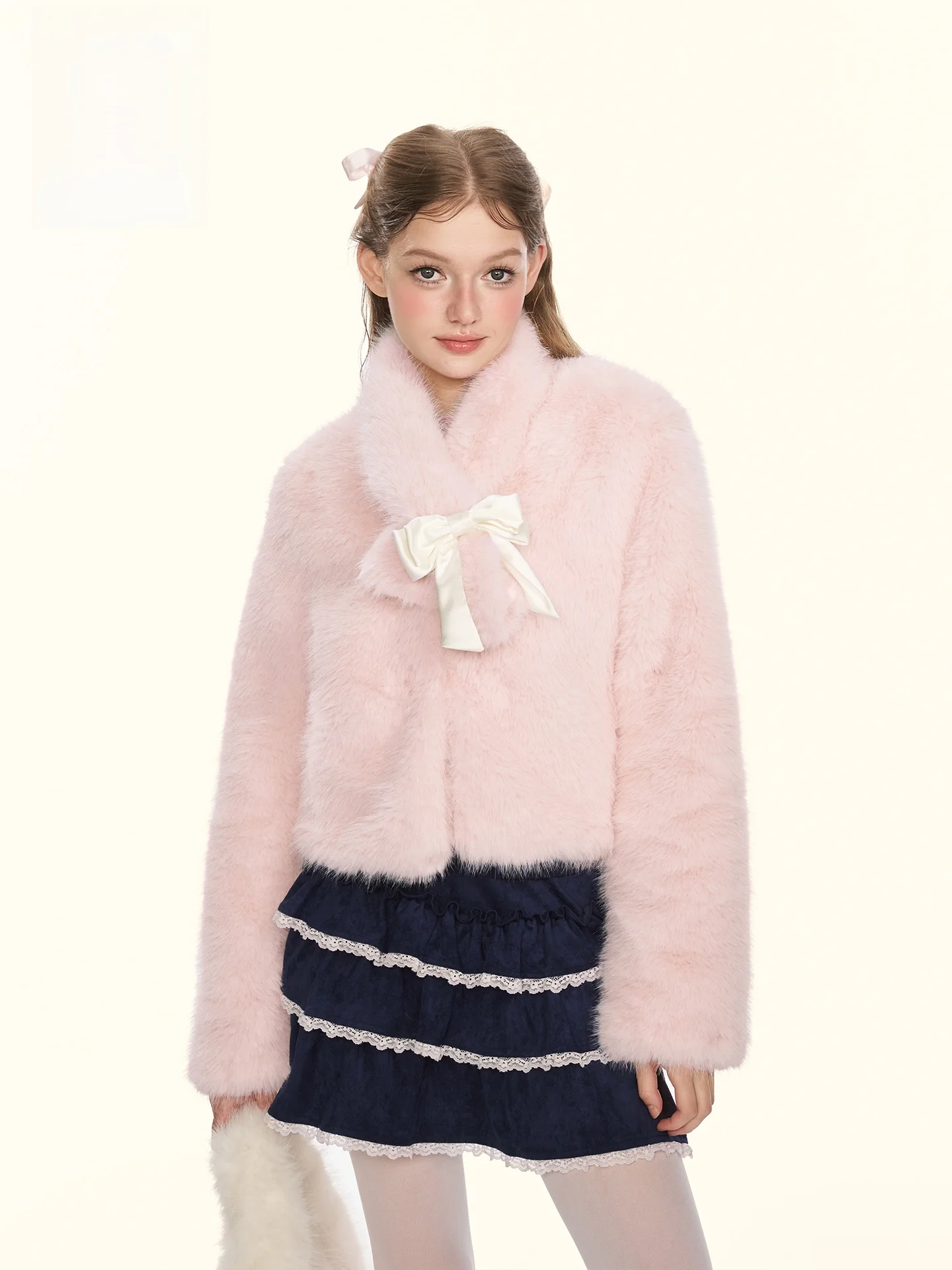 

GirlyFancyClub Pink ort Fur Coat Women's Warmth V-Ne Eco-Friendly Fur Collar Knot Long Sve Polyester Inner