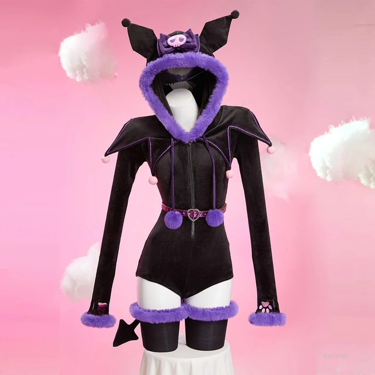 

Anime Purple Devil Cosplay Costume Women's Sexy Hooded Bodysuit Tail Socks Set Bunny Girl Cartoon Plush Pajamas Kawaii Jumpsuit