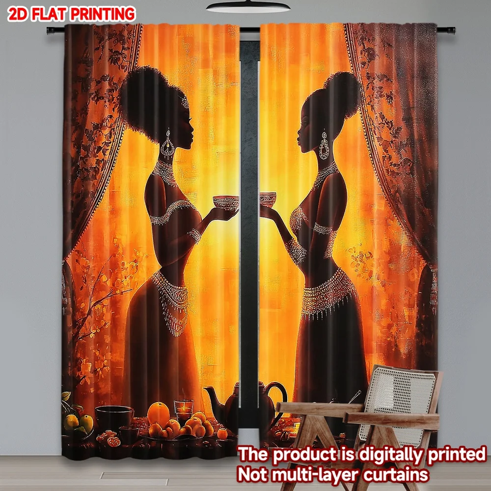

2 шт., женские фигурные шторы, 2D плоская цифровая печать, теплый оранжевый тон с этническим узором, домашний декор для гостиной