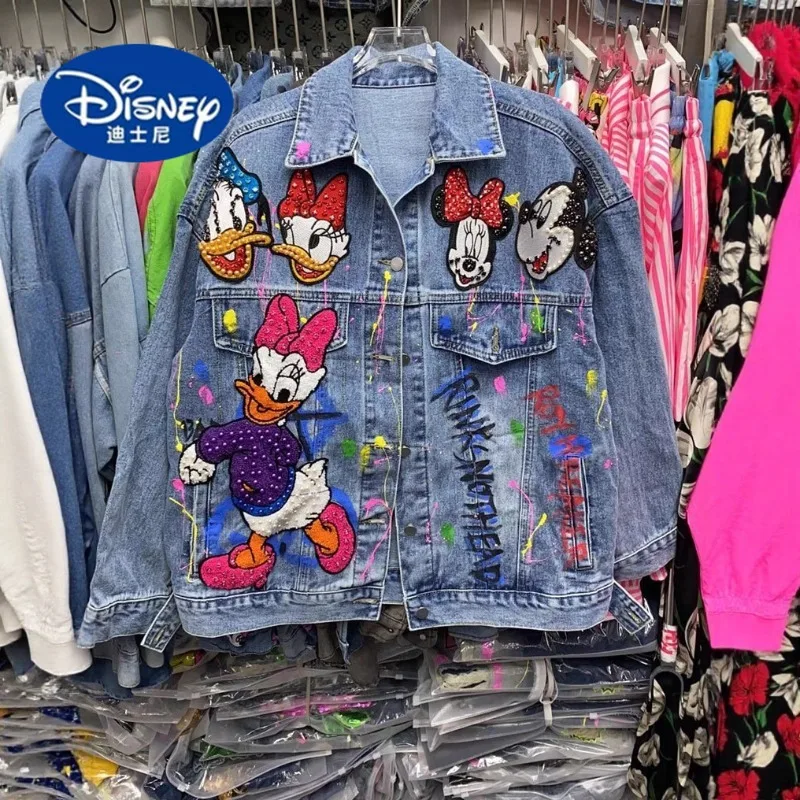 

Disney 2025 New Cartoon Heavy Duty Beaded Hand Painted Denim Jacket Women Loose Fit Slimming Spring Autumn Top