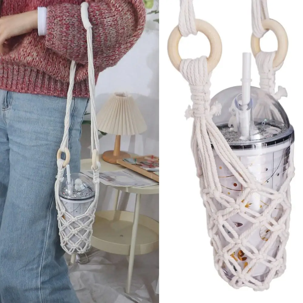 

Богемная подвесная сетчатая сумка для бутылок, декоративный держатель для кофейной чашки ручной работы, вязаная крючком переноска для бутылки вина, походы