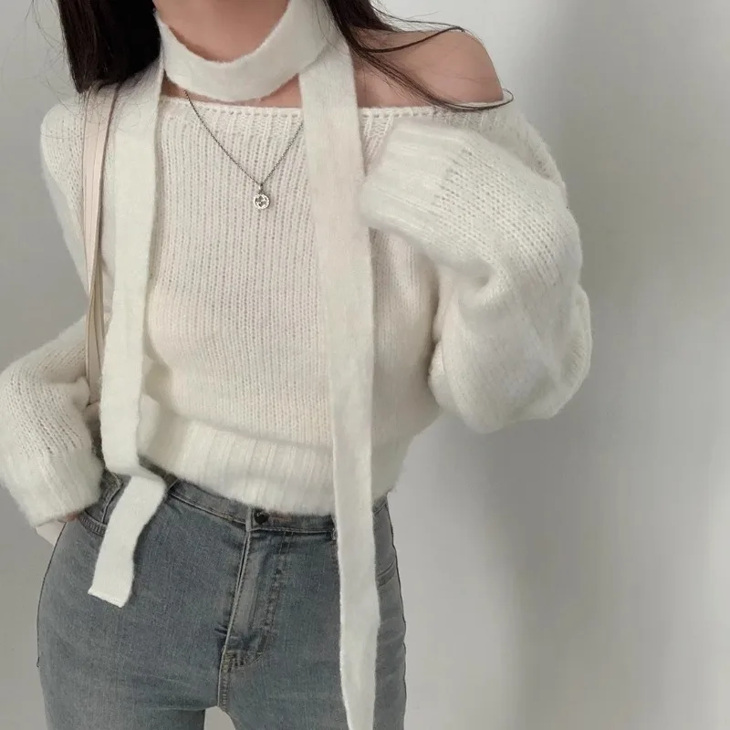 Oblique Collar Strapless Sexy Solid Color Long-sleeved Sweater Women 2024 Spring New Korean Loose Casual Knitted Tops with Scarf