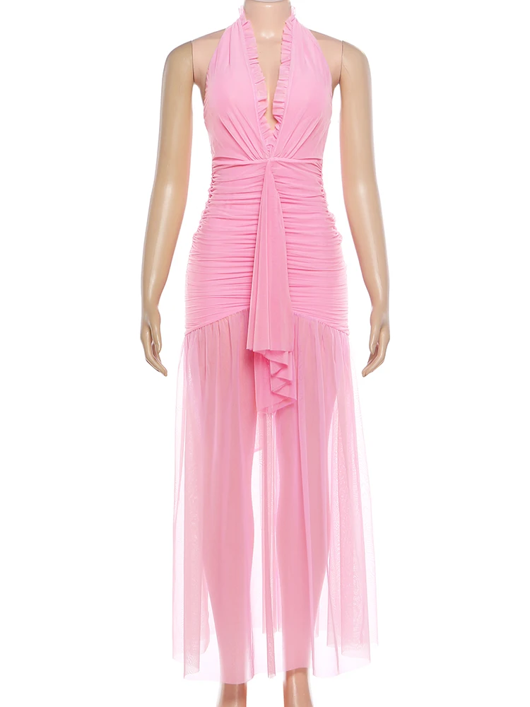 이상한 스타일의 섹시하고 우아한 여성용 드레스, 홀터넥 스플릿 멀티 레이어 메쉬 패치워크 주름진 피치 힙 발렌타인데이 백리스 베스티도스