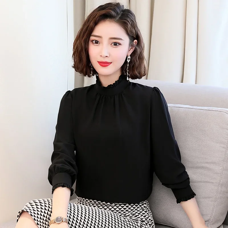 

2025 New Real Silk Stand Collar Shirts 100% Mulberry Silk Elegant Ruffers Loose Silk Tops high quality long sleeved blouses