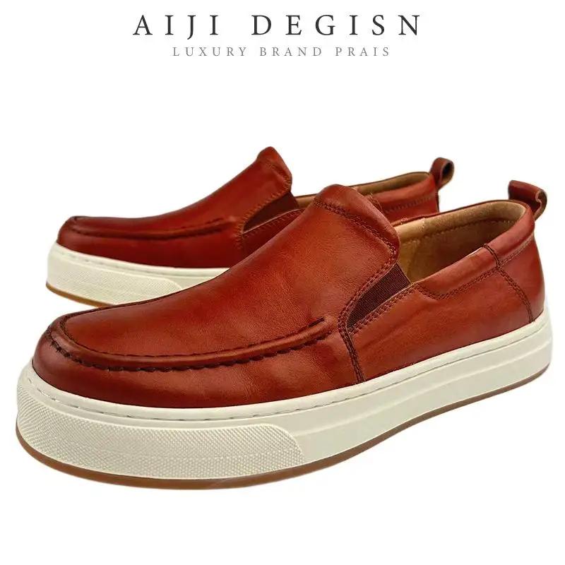 

High Quality Retro Washed Horsehide Casual Shoes Men's Loafers All Made Genuine Leather Brown Black