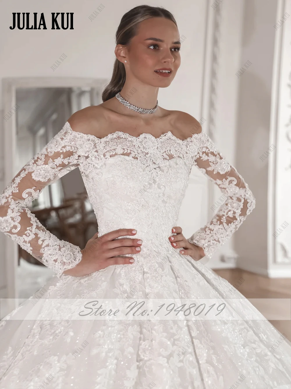 Julia Kui, выполненное на заказ элегантное бальное платье с открытыми плечами и вырезом лодочкой, свадебные платья, блестящие кружевные пышные платья невесты с длинными рукавами