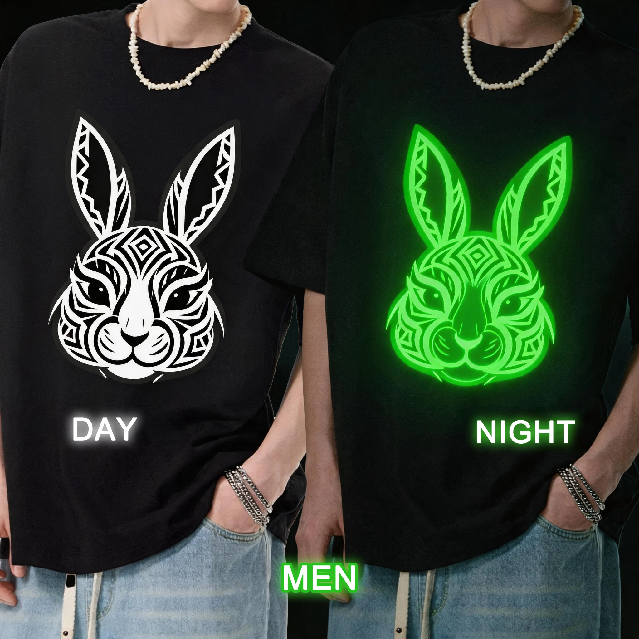 Woman Man Night Light Pattern T-Shirts Fashion Luminous Rabbit Costume Amazing Cute Clothing Dark Night Flash Shirts Hip Hop