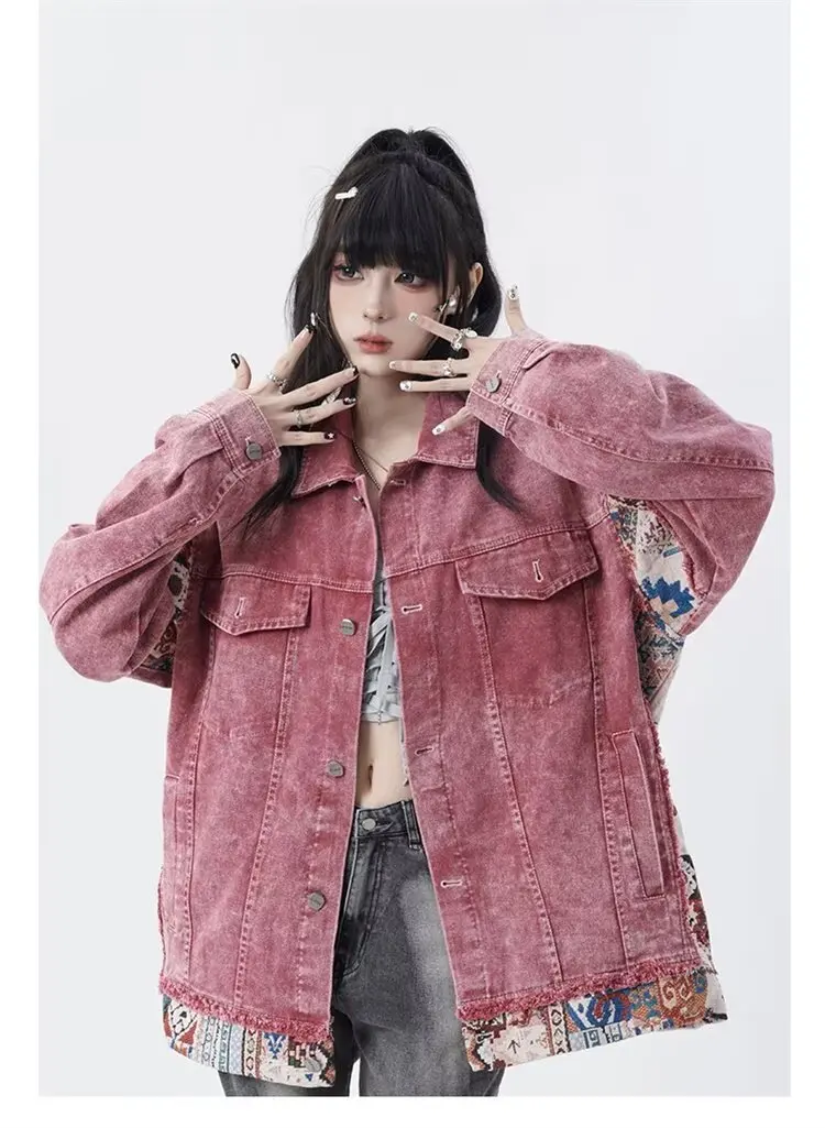 American Vintage Denim Jacket Women New Patchwork Pink Denim Coats Men Women Sweet Cool Autumn Casual Cowboy Coat Y2K Clothes