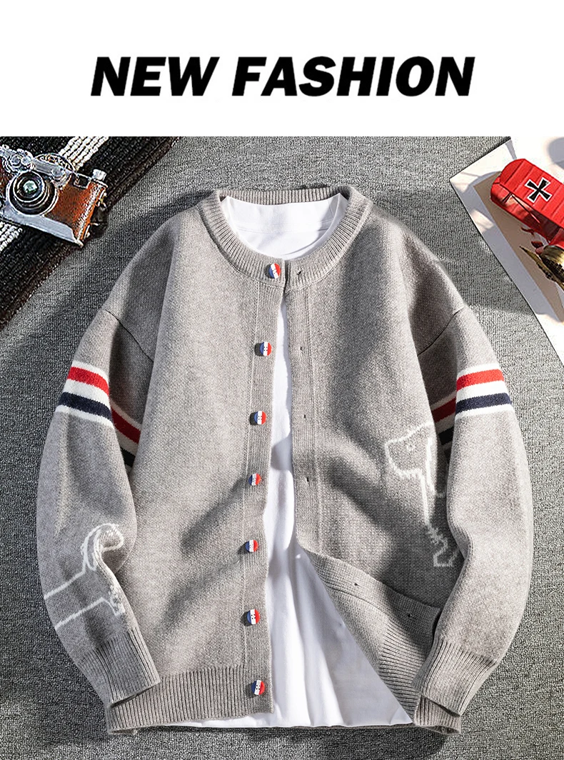 Herren Langarm-Strickjacke für Herbst und Winter Rundhals Einreihig Klassisch Gestreift Warm Modisch Vielseitig Herren-Oberteil – Detail 2