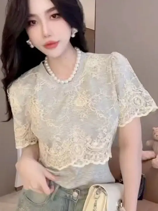 

Женская базовая футболка Slim Fit с круглым вырезом и коротким рукавом, черная, с кружевными вставками, в корейском стиле, для повседневной носки