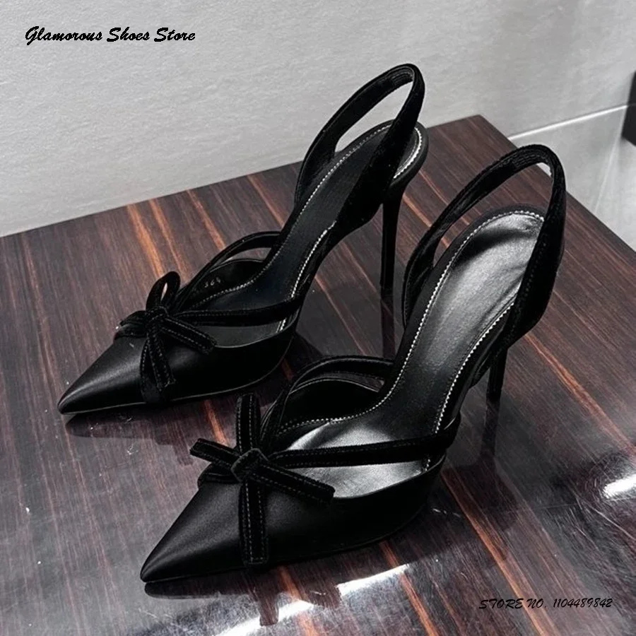 

Butterfly-knot Satin Slingback Pumps Elegant Women Pointed Toe Thin Heels Prom Shoes Spring Summer Fashion Evening Stilettos