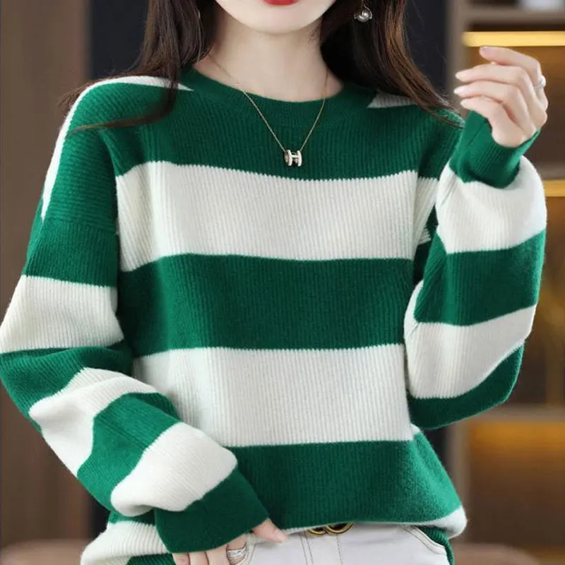 Round Neck Striped All-match Sweaters Autumn Winter Casual Korean Color Blocking Loose Jumpers Fashion Women's Clothing 2023