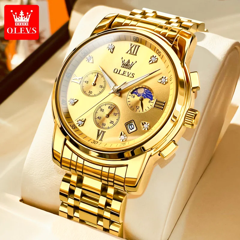 New Gold Watch OLEVS Quartz Watch for Men Chronograph Stainless Steel  Luminous Waterproof Wristwatch Business Men\'s Watches