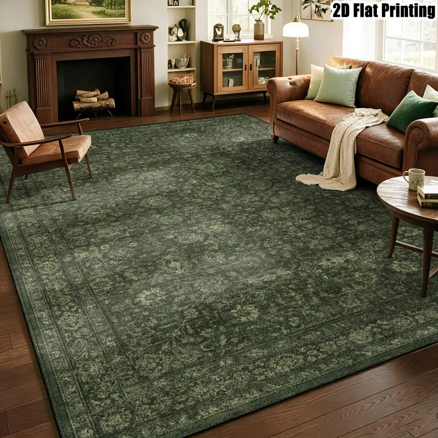 1Pc 2D Printed Carpet: Deep Green Retro, Retro Geometric, Bohemian Styles, Multiple Sizes, Machine Washable, Ideal for Home Decoration, Multi-Scene Use