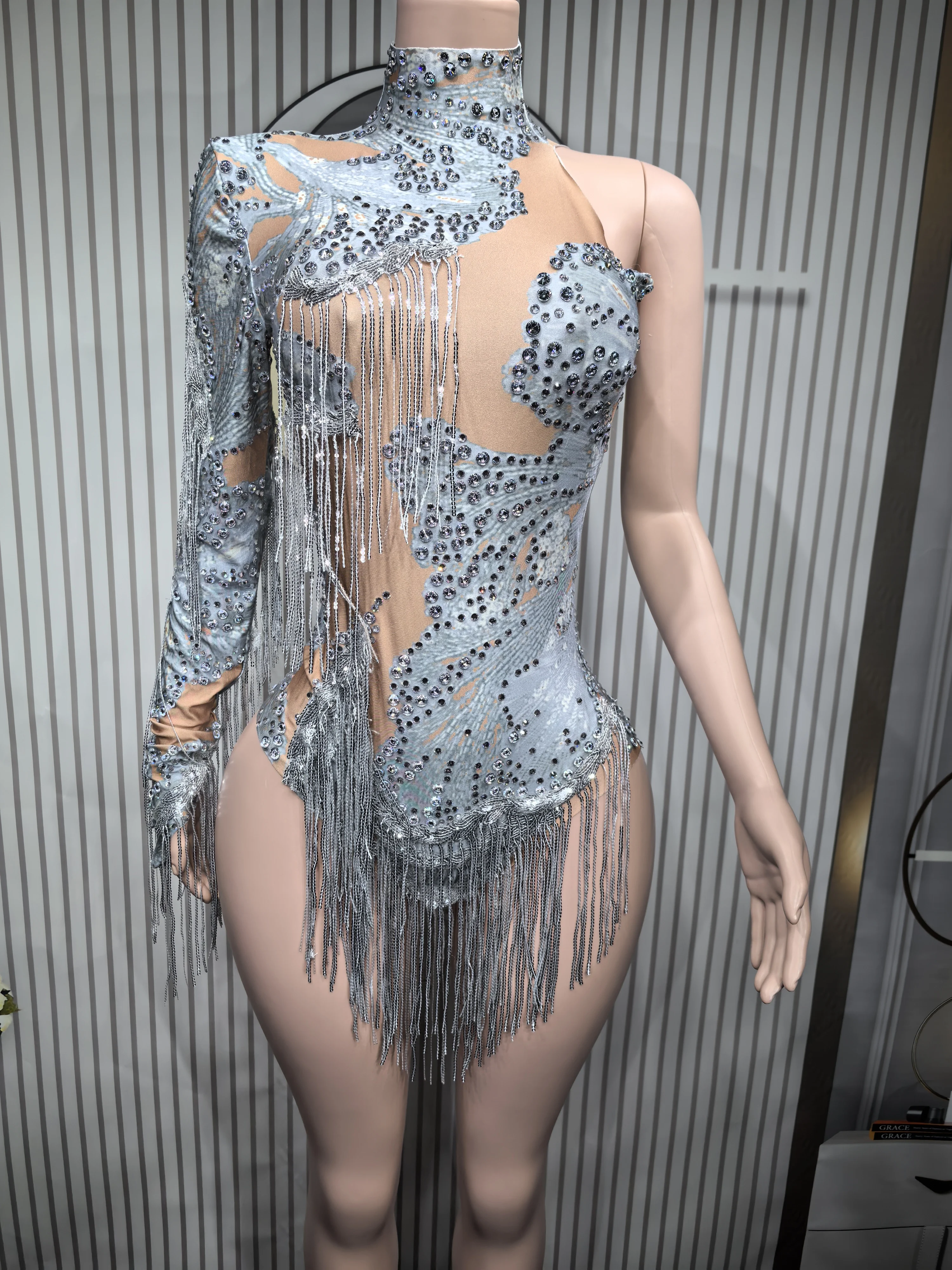 Sexy Skinny Leotard Singer Dancer Show StageWear Sparkly Blue Rhinestones Women DanceCostume Fringes One Shoulder Bodysuit  7G