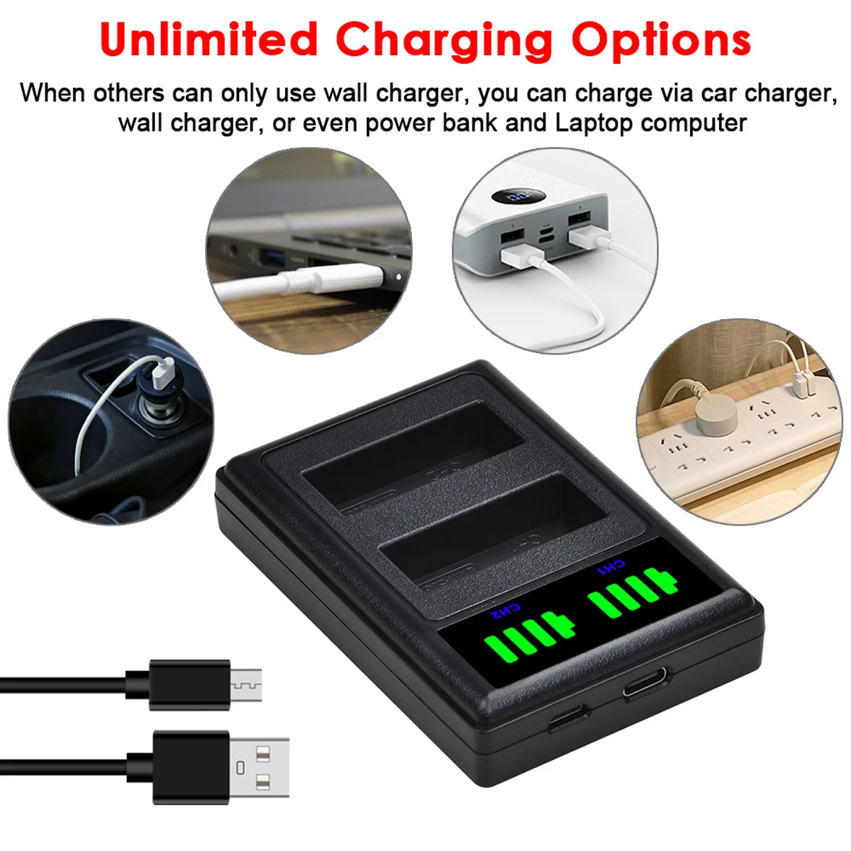 LCD Dual USB Charger for Panasonic Camera Battery DMW-BLH7/BLE9E/BLG10 with Type-C and Micro USB Port