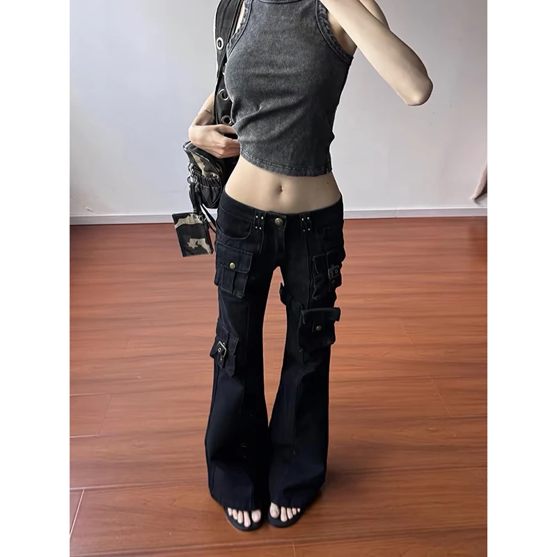 YIBASHU Women Gothic Y2k Flare Jeans Harajuku Baggy Cargo Denim Trousers Aesthetic Low Waist Jean Pants Vintage 2000s Clothes
