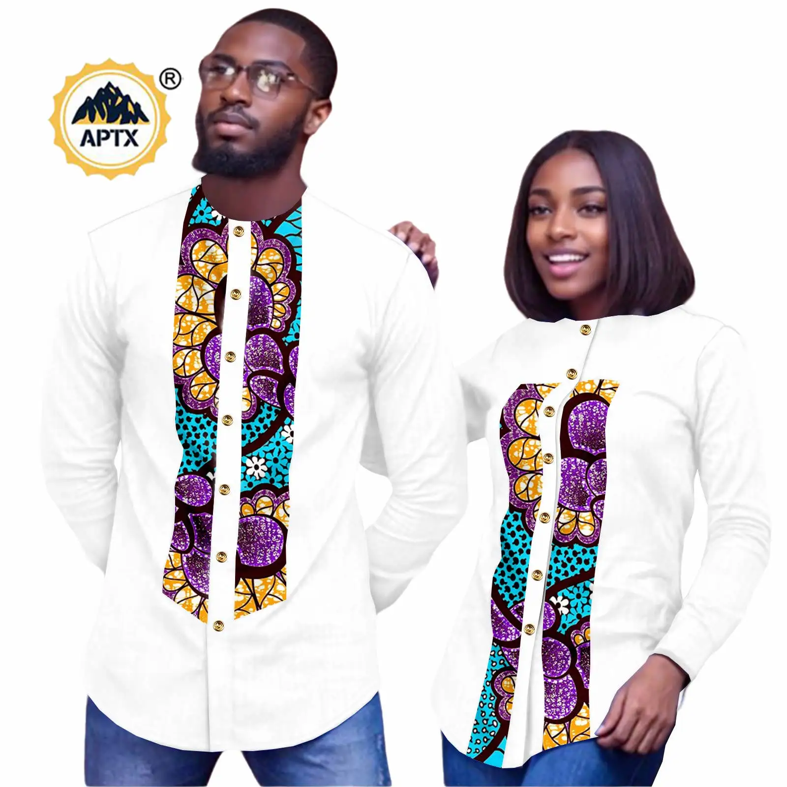 

African Clothes for Women Matching Couple Clothes Dashiki Men Outfits Long Sleeve O-neck Button Top Shirt Couple Wear 24C042