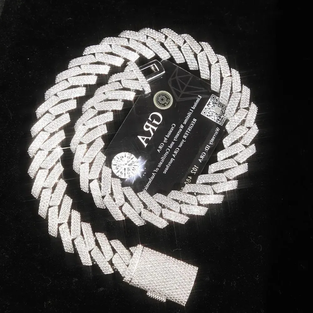 

RTS hip hop cuban link chains 20mm 3rows solid 925 silver shining VVS moissanite chain men diamond necklace