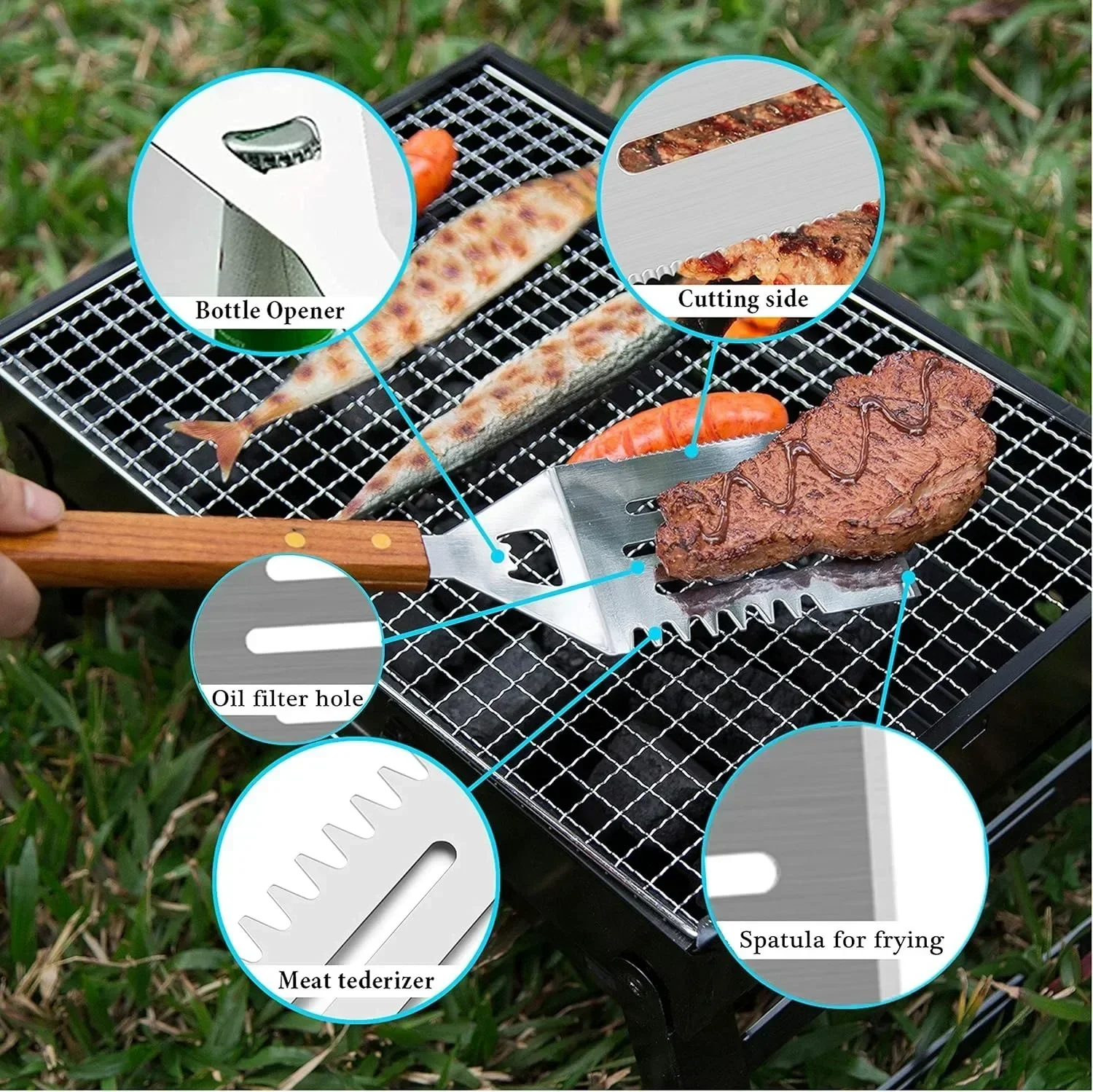 Outdoor Camping Stainless Steel Wooded BBQ Accessories Grilling Tools Set for Cooking, Backyard Barbecue