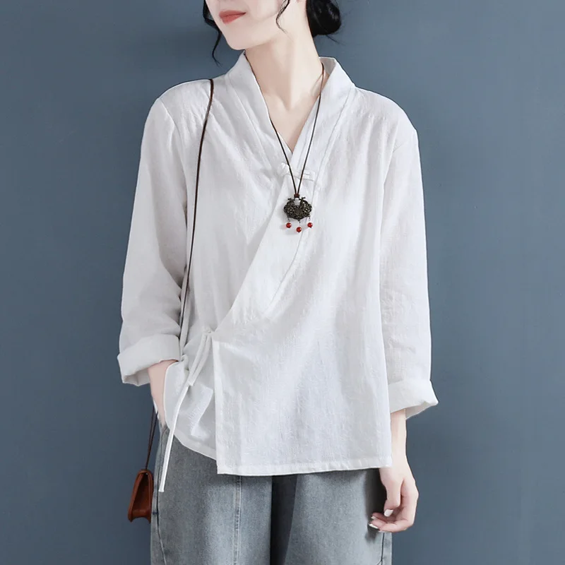 2024 New Chinese Traditional Blouse For Women Casual Cotton Linen V Collar Button Hanfu Suit Top Cosplay Costumes Woman Clothing