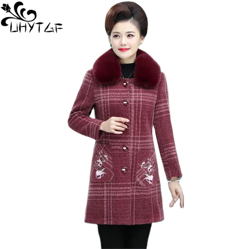 

UHYTGF New Mom Autumn Winter Wool Jacket Women High-End Imitation Mink Velvet Coat Female Fur Collar Embroidered Outerwears 2061