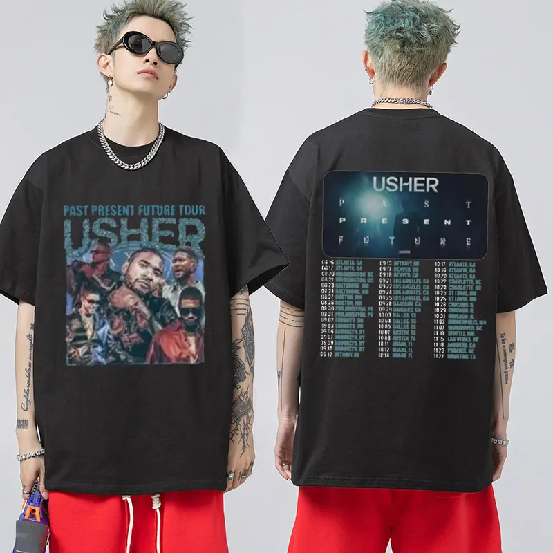 

Vintage 2Side Usher Past Present Future Tour 2024 T Shirt Gift for Fan Hip Hop Vintage Harajuku T-shirt Men Women Cotton Tees