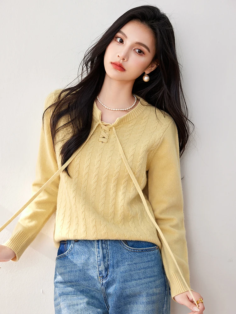 Women's Knitted Sweater 2024 Autumn New V-Neck Stringy Selvedge Cuffs Elegant Soft Solid Lace-up Tops Office Lady Sweater