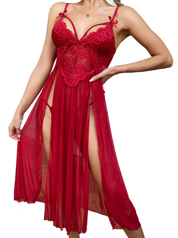 ชุดนอนผ่าข้างผ้าลูกไม้คอวีตาข่ายเซ็กซี่ขนาดใหญ่สำหรับผู้หญิงชุดนอนแฟชั่นหรูหราเสื้อผ้ากุลสตรีเซ็กซี่เกาหลีเสื้อ S7XO ชุดมินิเดรส