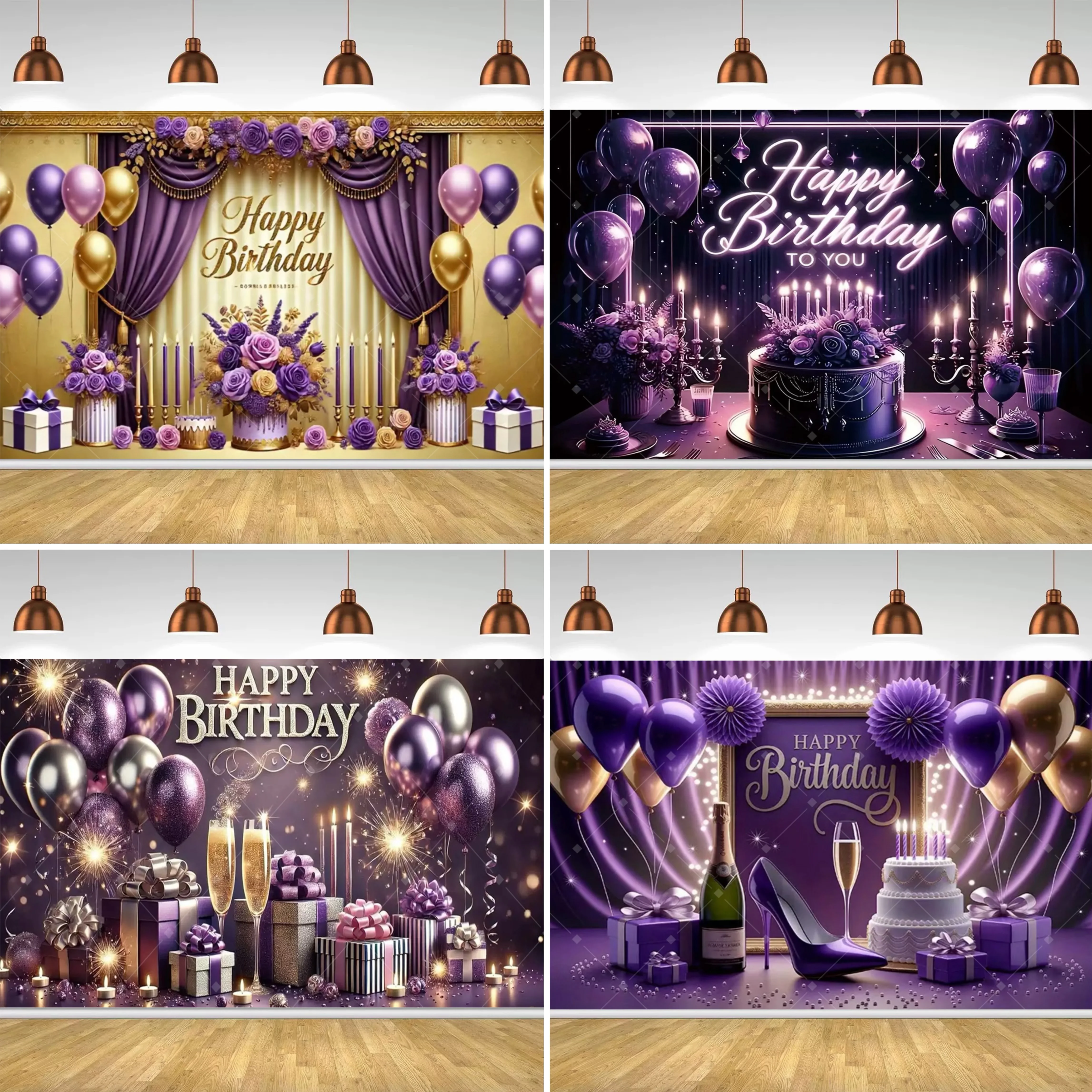 

Romantic Purple Happy Birthday Party Decoration Backdrop Girl Birthday Balloon Gift High Heels Party Supplies Decor Photo Banner