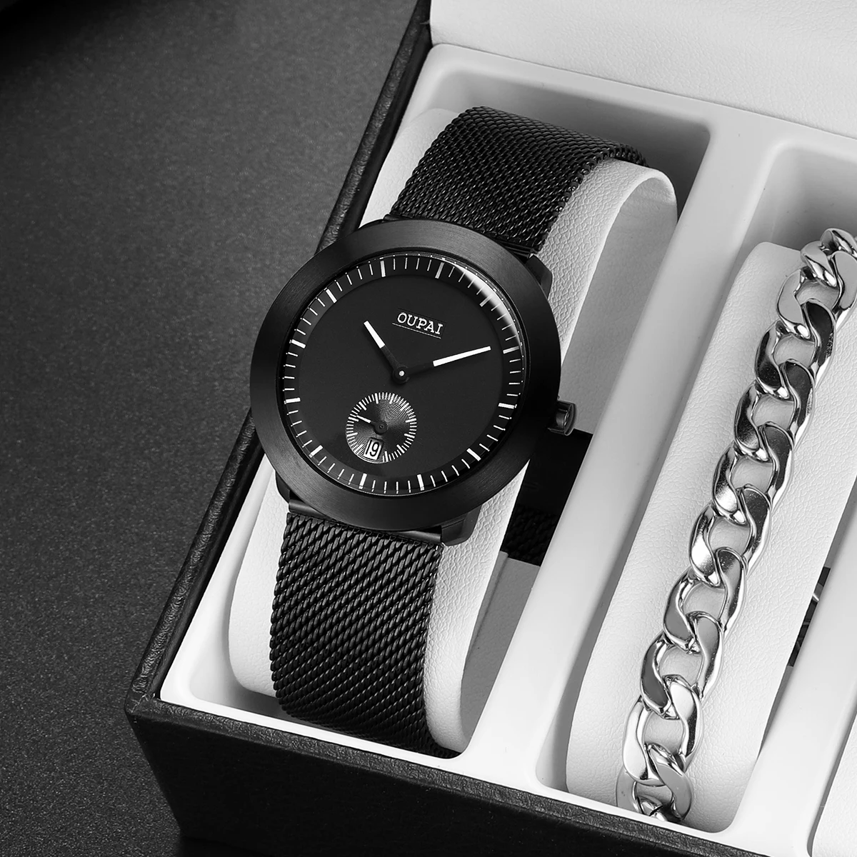 Oupai круглые черные кварцевые часы из нержавеющей стали, простые и спортивные часы, мужские наручные часы с календарем, водонепроницаемые