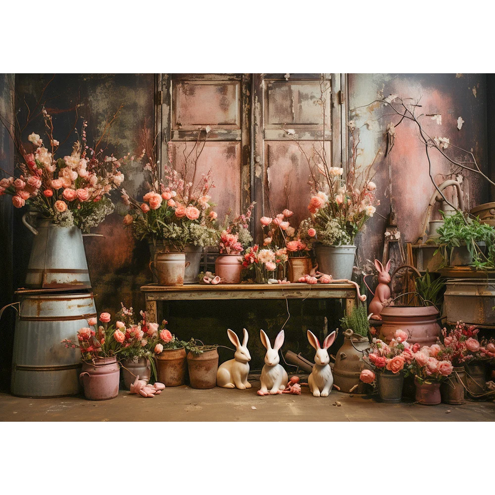 Bunny Easter Spring Room Filled With Flower Pots Backdrops Kids Girl Photography Baby Adult Photocall Floral Window Backgrounds