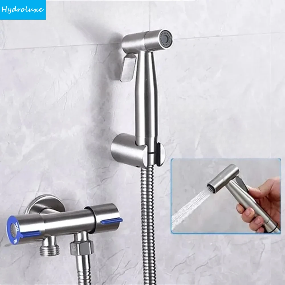 

Bathroom Toilet Bidet Sprayer Set 304 Stainless Steel Two Way Faucet With 1.5M Flexible Hose Bathroom Shower Head Set