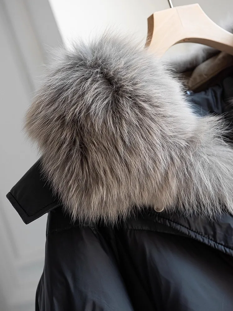 Chaqueta larga de invierno con cuello de piel de zorro para mujer, abrigo grueso y cálido para mujer, abrigo holgado de gran tamaño, cortavientos de diseñador