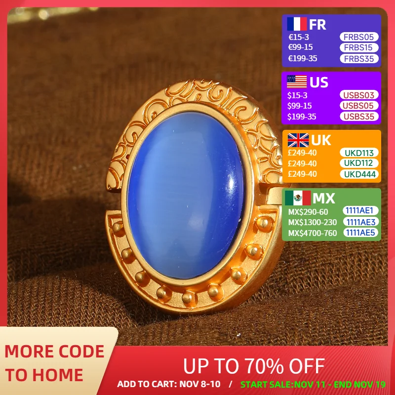 

Vintage Blue Cat'S Eye Opal Ring Real Oval Gold Color Carving Patterns Luxury Quality Jewelry Party Accessories For Women 2025