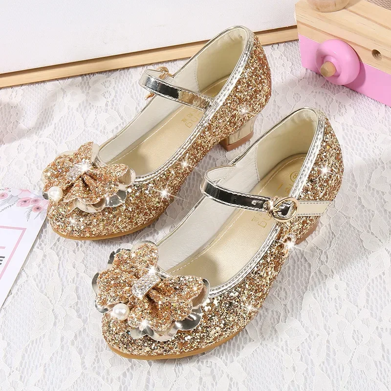 Girls Princess Bowknot Leather Shoes Fashion Girls Party Dance Shoes Kids Diamond High Heel Children Girl Dance Glitter Shoes