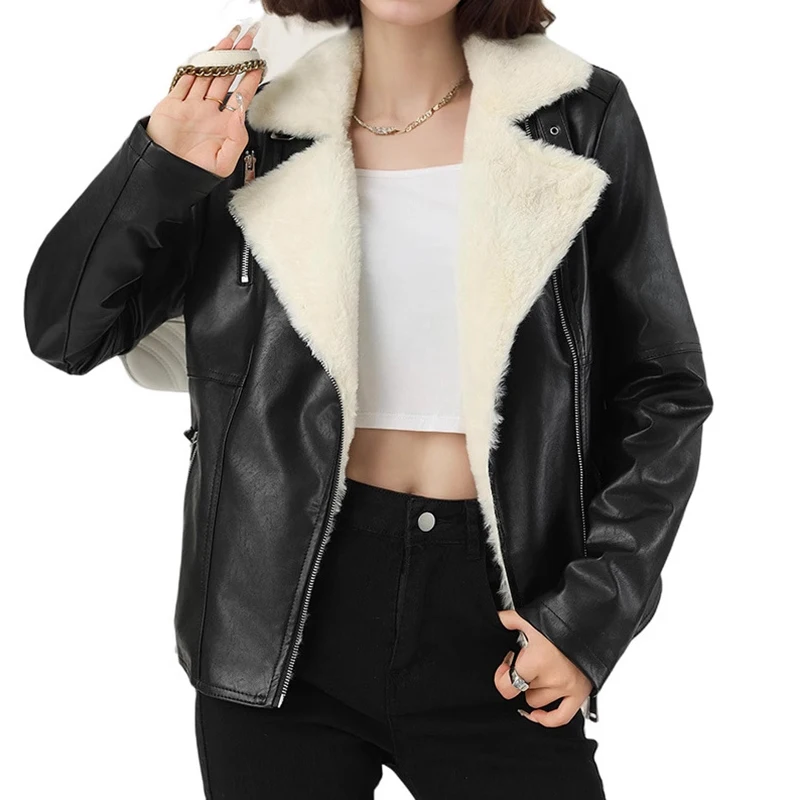 2025 New Fashion Winter Thickened Fur-Lined Coat for Women Zipper Design PU Leather Jacket Female Trendy