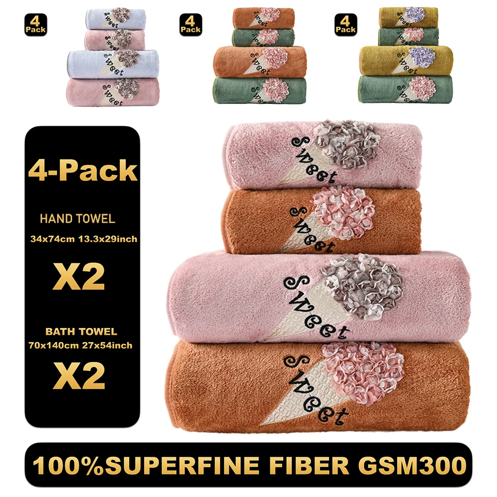 4 Piece Towel Set Coral Velvet Pink Kids 2 Hand Towels Bathroom High Quality Absorbent Blue Adult 2 Bath Towels Set 34X74 70X140