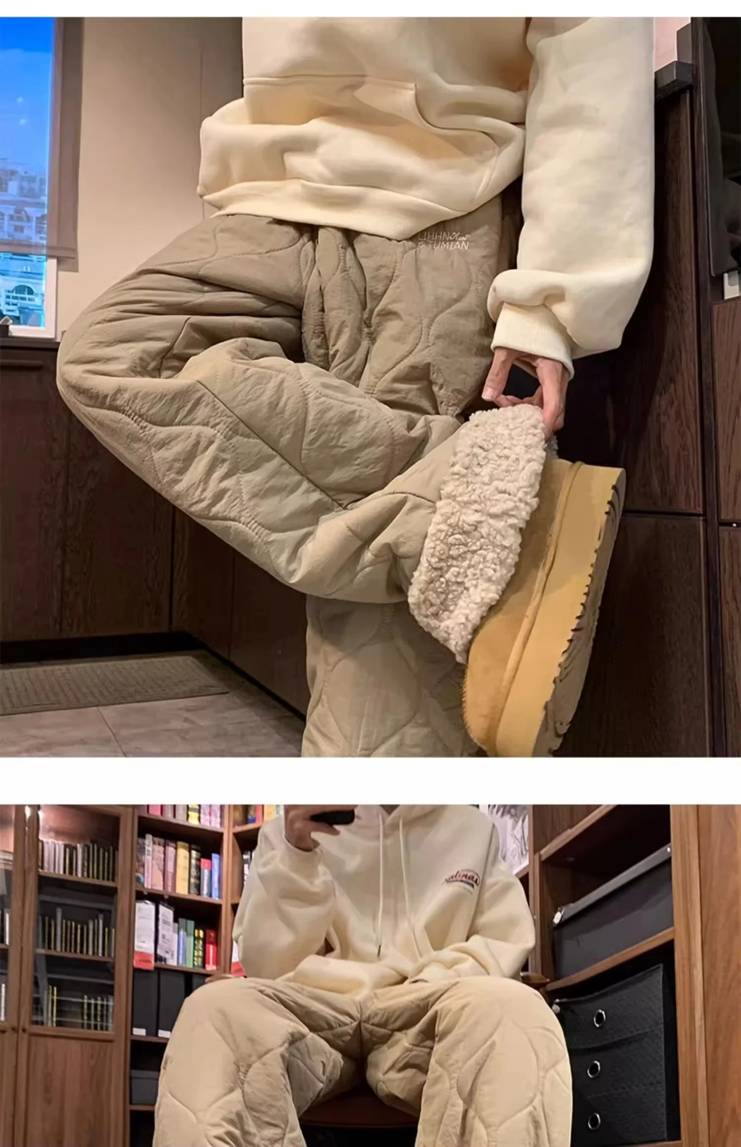 Heavy Winter Cotton Waterproof Splicing Lamb Fleece Cotton Pants for Men and Women, Solid Color Diamond Grid Embroidered Clip Co