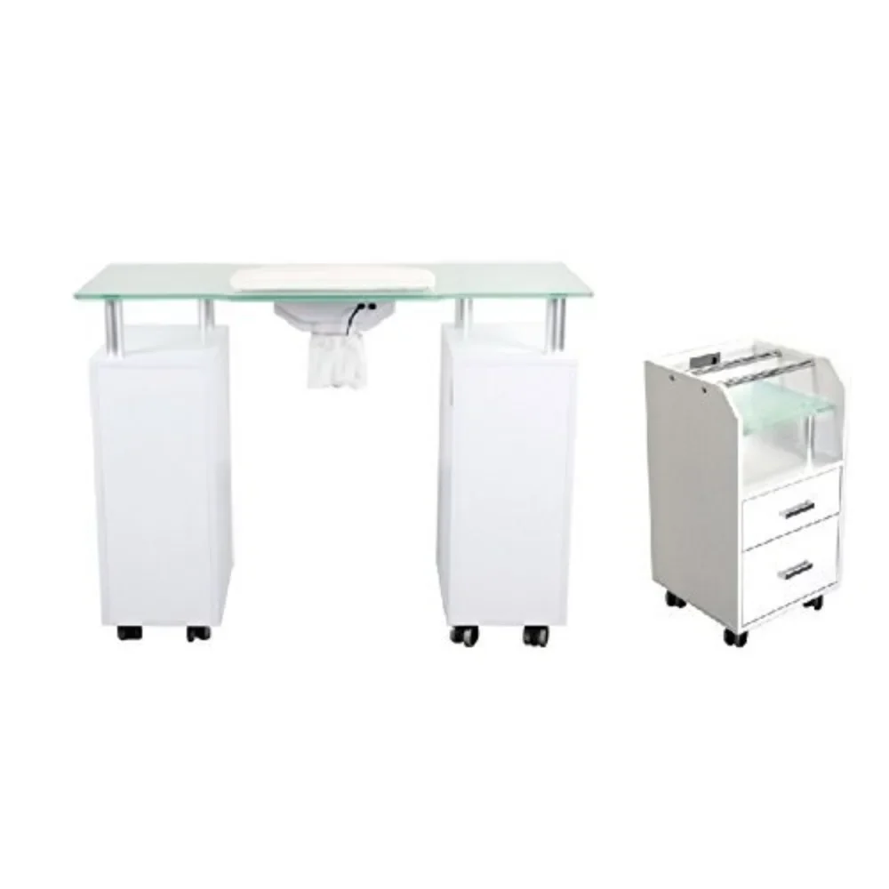 Manicure Table GLASS GLOW WHITE Salon Manicure Nail Table & Trolley Cart Combo Salon Nail Table Salon Furniture