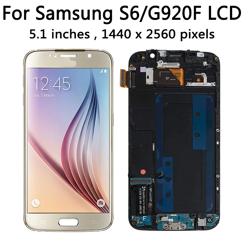 Super AMOLED 5.1\'\' S6 LCD for SAMSUNG S6 G920 SM-G920F G920F G920FD With Frame Touch Digitizer Assembly With Cover