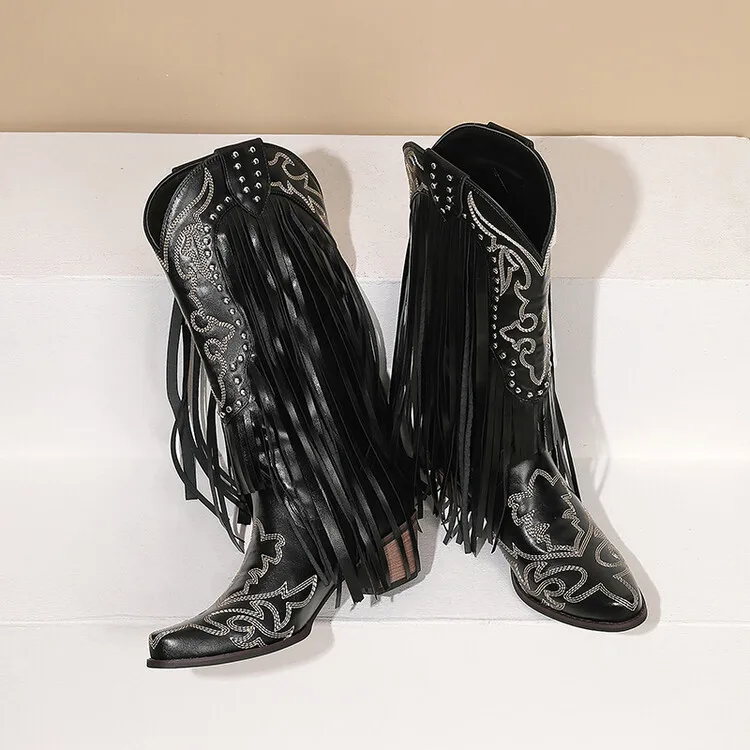 Retro Rivet Embroidered Western Cowboy Boots Pointed Thick Heel Heightened Fringed Knight Boots Large Size Sexy Women's Boots