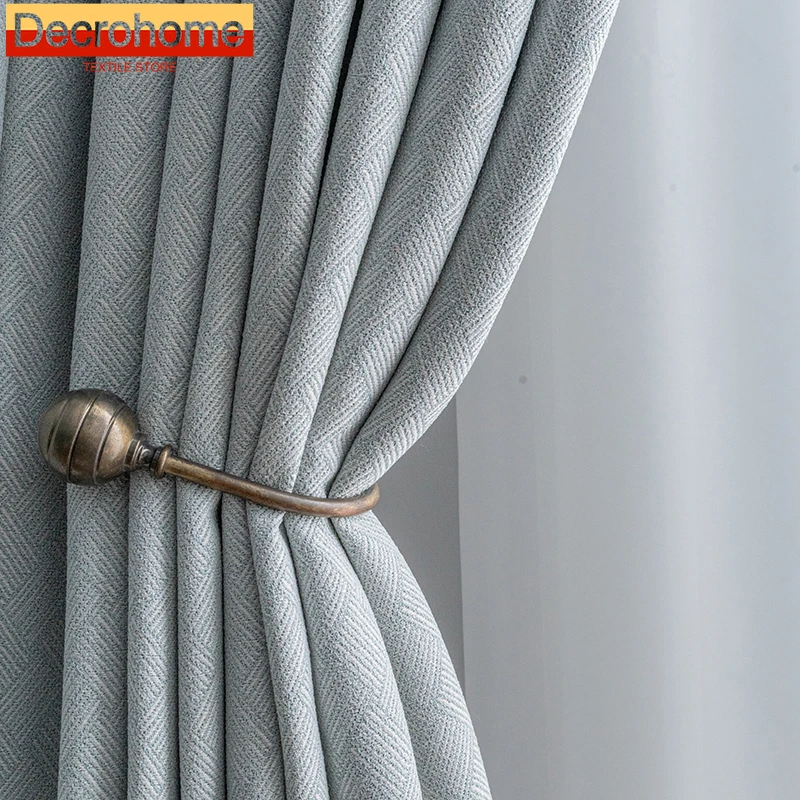 

Cotton and Linen Grey Dark Grain Jacquard Soundproof and Blackout Curtains for Living Room Bedroom French Window Customized