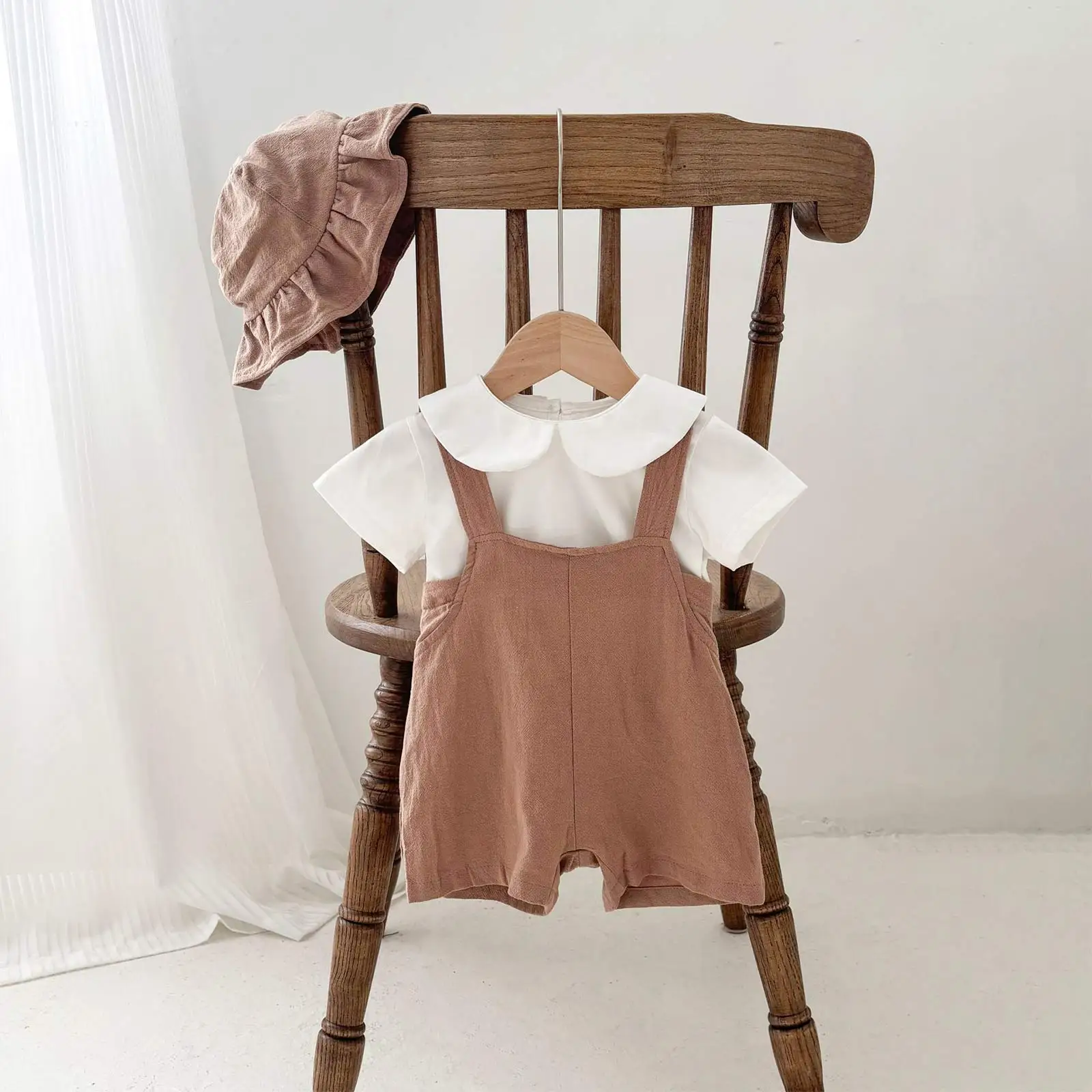 

Baby Boys Girls Clothes Summer Cotton Suspenders Shorts Cute Solid Color Rompers with Hat Infant Kids Outfits Holiday Daily Wear