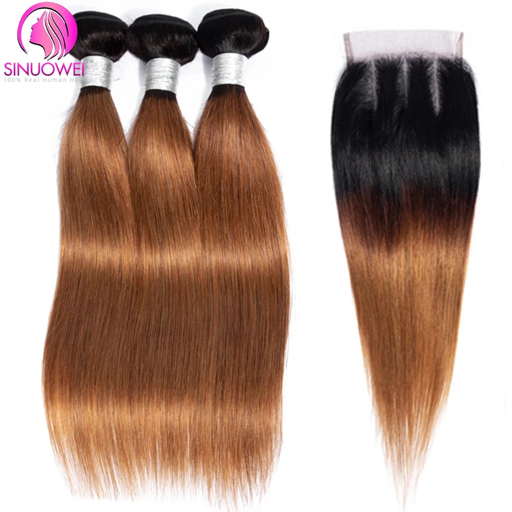 Bundles brésiliens de cheveux humains raides Sophia, fermeture à lacet transparente, couleur marron, extension de cheveux humains, 30 po, 1B, 30, 4x4