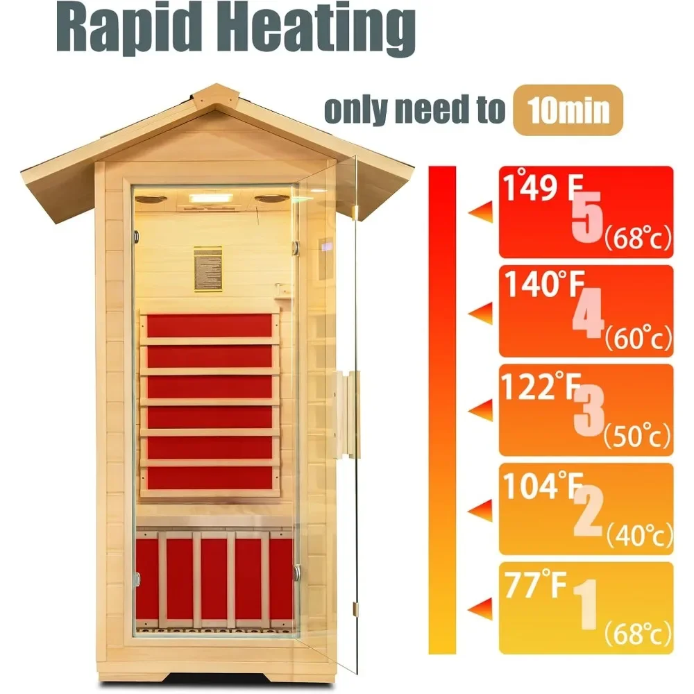 Sauna infrarroja lejana para exteriores para 1 persona, Sauna interior para el hogar de madera con dobladillo canadiense, Sauna seca de 1400W, habitación Personal con altavoces, lámpara LED