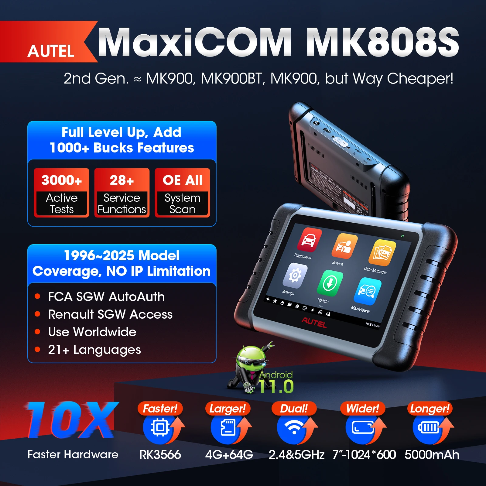 Autel MaxiCOM MK808S PRO Car Diagnostic Tools Bidirectional All System OBD2 Scanner FCA