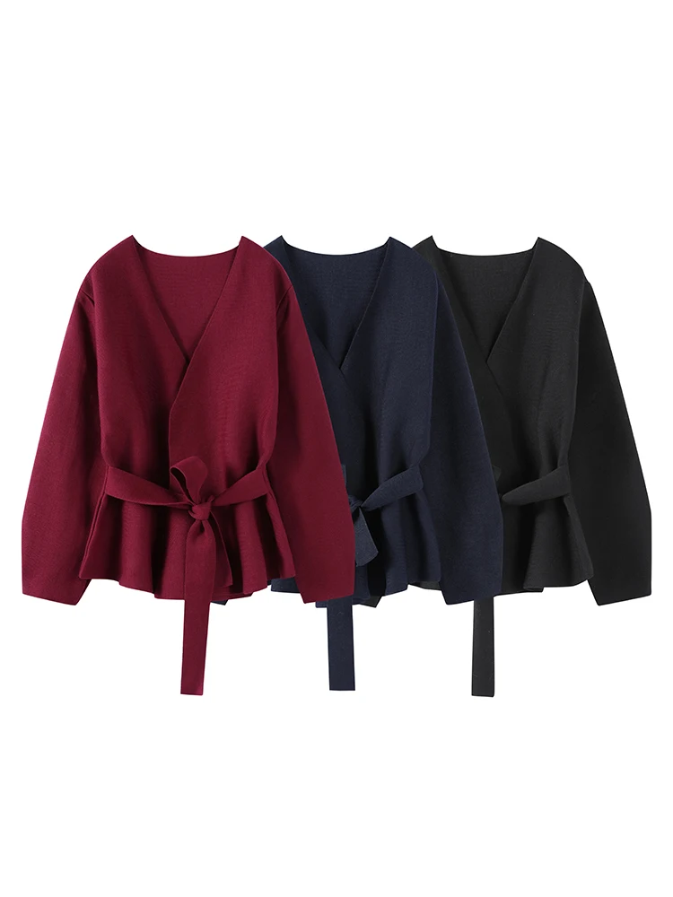 Casual Lace Up Belt Women Cardigan Full Sleeve V Neck Lady Coat 2025 Winter Fashion Spring Elegant Loose Solid Female Outwear