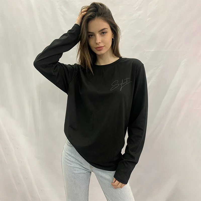 Black White Long Sleeve T-Shirt Women Embroidered Signature Letter Print Cotton Casual Basic Streetwear Vintage Top